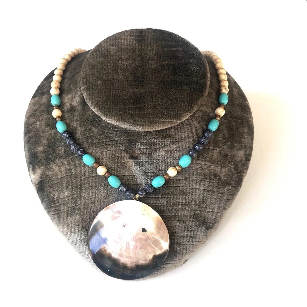 Blue and Turquoise Beaded Necklace with Shell Pendant